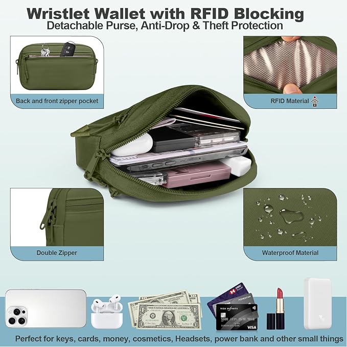 Clip and Go Strap for Phone with Wallet Crossbody, Adjustable Phone Lanyard with Detachable RFID Wristlet Wallet, Pattern Strap - Olive Green(L)
