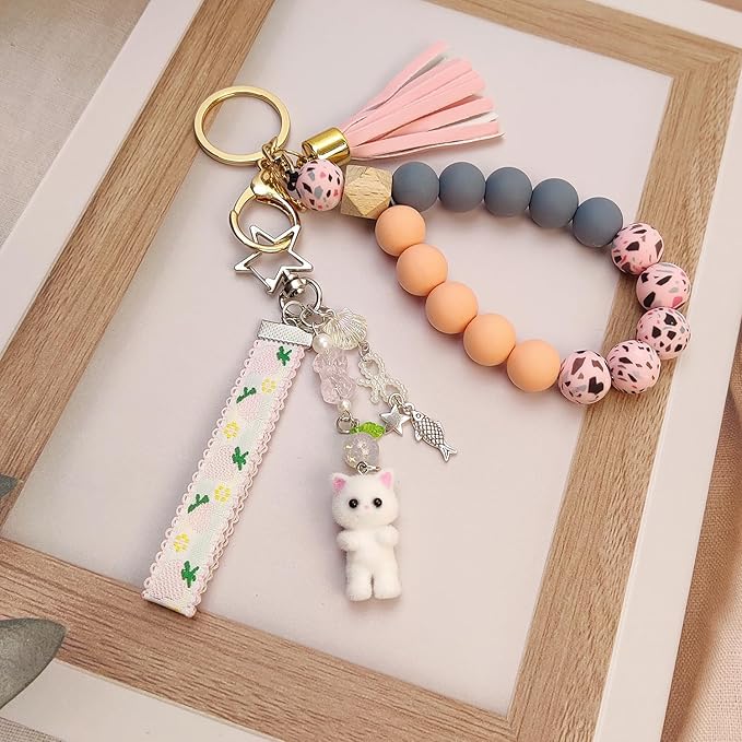 Cute Pink Keychain,Fuzzy Cat Keychain Aesthetic Y2K KeychainStylish KeychainsAccessories