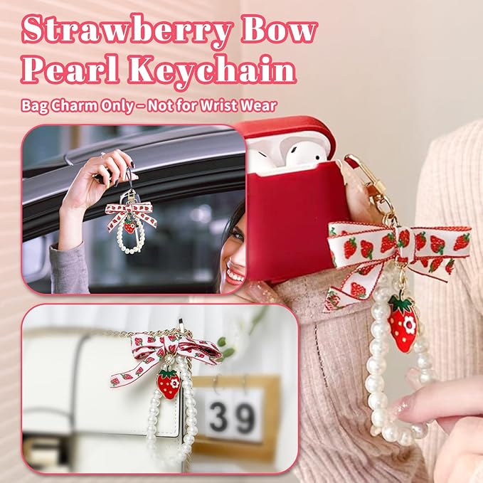 2Pcs Strawberry Keychain Charm Cute Bag Charms Flower Daisy Pearl Bow Keychain Strawberry gift for Women
