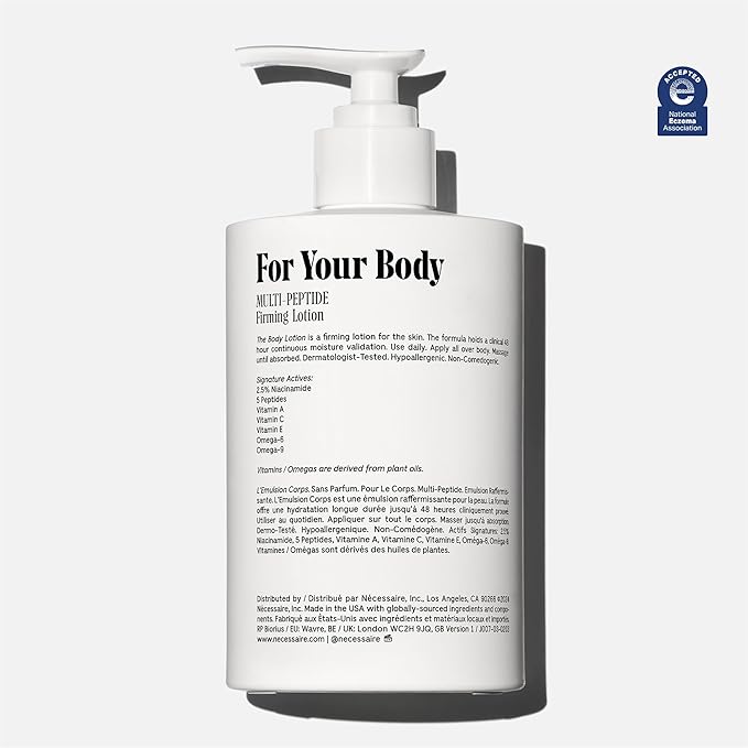 Nécessaire The Body Lotion - Fragrance-Free - Unscented - Multi-Peptide - Firming Body Lotion for Women + Men. 2.5% Niacinamide. Non-Comedogenic Lotion for Sensitive Skin – 450ml/15.2 fl oz