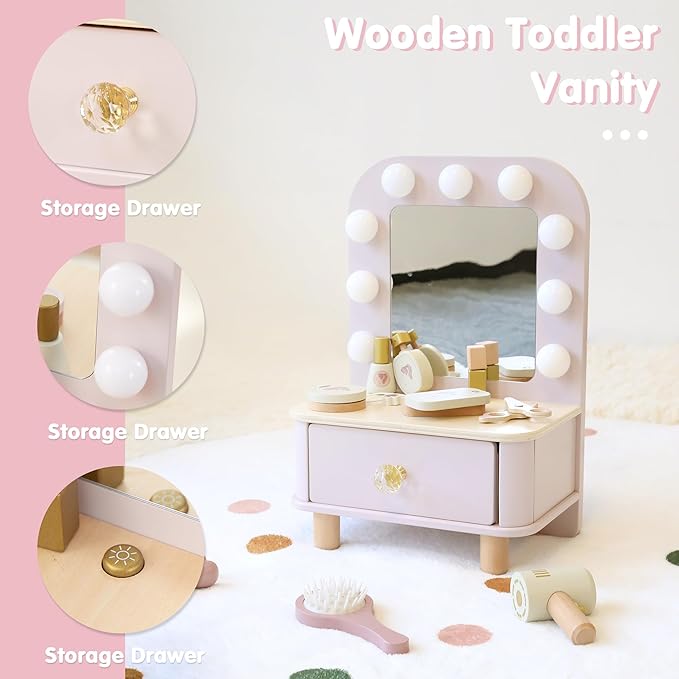Freniland Wooden Toddler Vanity with Mirror and Light ,Kids Make Up Toy Set,11 Pcs Dressing Table Toy Includes Beauty Salon Set and Makeup Accessories,Pink Vanity for Girls Ages 3+