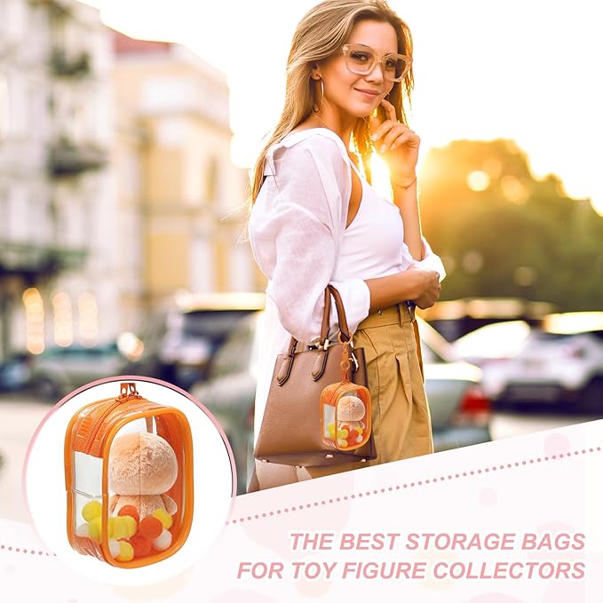 uxcell 3.5 Inch Clear Figure Display Bag, Mini Clear Pouch Waterproof Coin Pouch with Keychain and Pom Poms for Blind Box Doll Display (Square, Orange)
