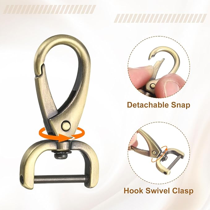 HARFINGTON 2Pcs Detachable Snap Hook Swivel Clasp 3/4" D Ring with Swivel Lobster Claw Clasps Hook for Purse Strap Keychain Bag DIY Craft, Brass