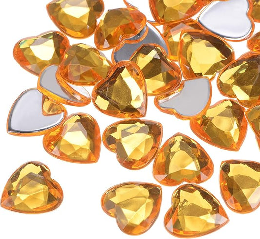 MECCANIXITY 40 Pcs Acrylic Heart Rhinestone 15mm Flat Back Plastic Gems Jewelry Stickers for Craft Bead Face Painting Costume Jewelry Making, Gold