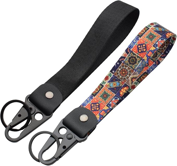 2 Pcs Classic Black & Floral Keychain Wristlet Lanyard for Women couples, Flower Wristlet Strap for Keys Hands-Free Wearable