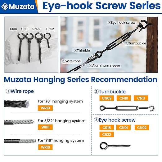 Muzata 10 Pack Black Screw Eye Hooks 3.3 Inch Stainless Steel Eye Screws for Wood M6 Heavy Duty Eyelet Hooks Securing Cables Wire Self Tapping Indoor Outdoor CR18