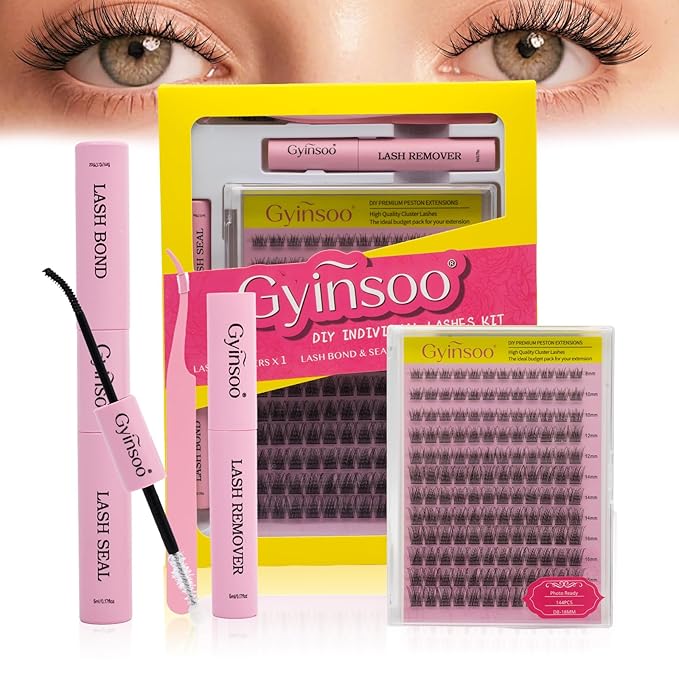 Gyinsoo 144Pcs DIY Lash Extension Kit D Curl 8-18mm Mix "Photo Ready" Volume Lashes with Pink Bond and Seal, Remover & Tweezers - Fluffy Wispy Individual Clusters