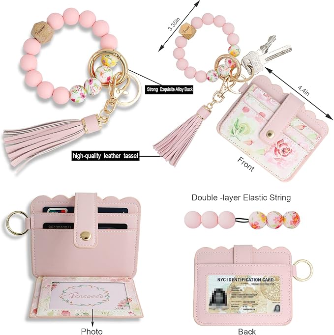 Keychain Wallet Wristlet Small Credit Card Holder Bracelet Key Chain Purse Bangle Tassel Beads Key Rings for Women