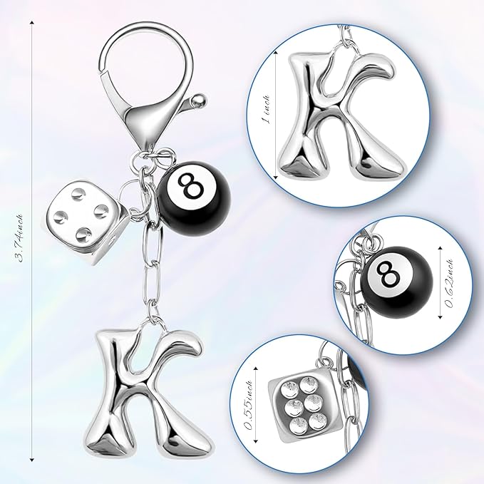 8 Ball Dice Keychain with Silver Bubble Initial - Y2K Aesthetic Cute Bag Purse Charms for Women