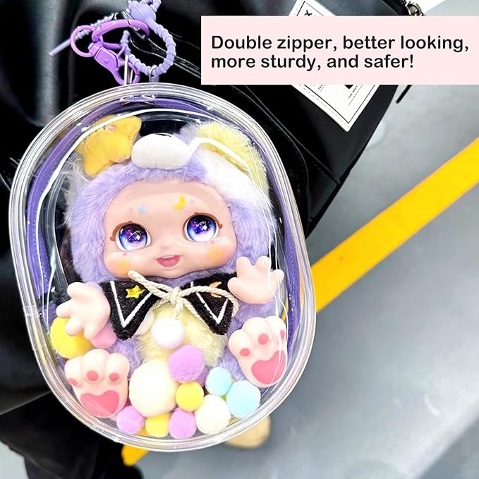 CALEMBOU BJD Doll Clear Display Bag, Portable Figures Storage Bag with Keychain, Mini Doll Hanging Box, Double Zipper Closure Dustproof Case for Plushies (Elliptic Box-Pink 19cm)