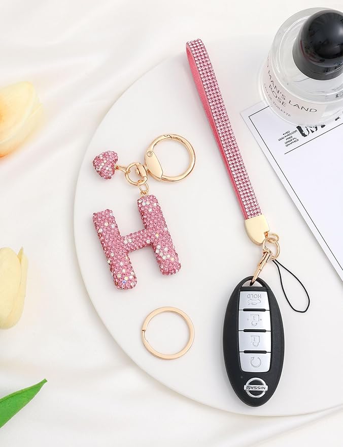 Initial Keychain for Women Girls,Bling Letter Key chain Initial with Heart,Pink Keychain Charms for Backpack Handbag