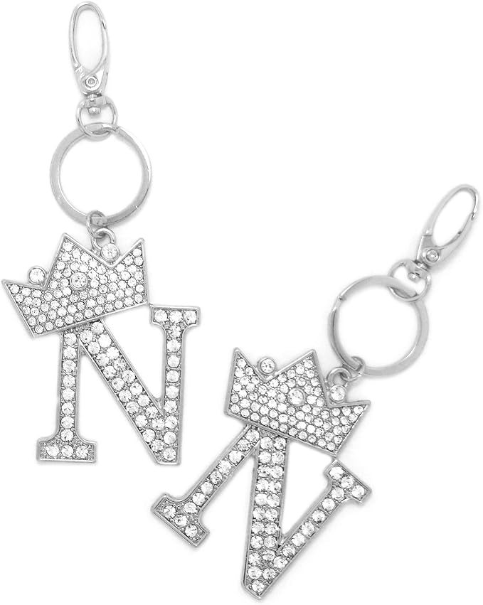 CBC Crown Crystal Rhinestone Letter Initial Keychain, Gold Metal, Bag Charm with Key Ring Approx. 2.17" x 2.56"