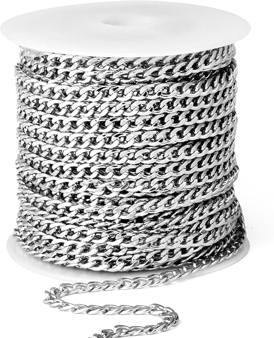 16.5 Ft Stainless Steel Curb Chains, 5mm 6mm 7mm 9mm Cuban Chain Roll Bulk for Jewelry Making