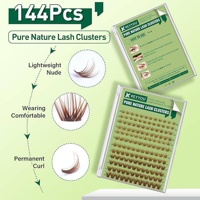 KEYYOU Natural Lash Clusters Wispy Eyelash Clusters 144 pcs Cluster Eyelash Extensions D Curl Individual Lashes 8-16MIX Mix Length Light and Natural Lashes Look with Thin Lash (N03-Brown-8-16MIX-D)