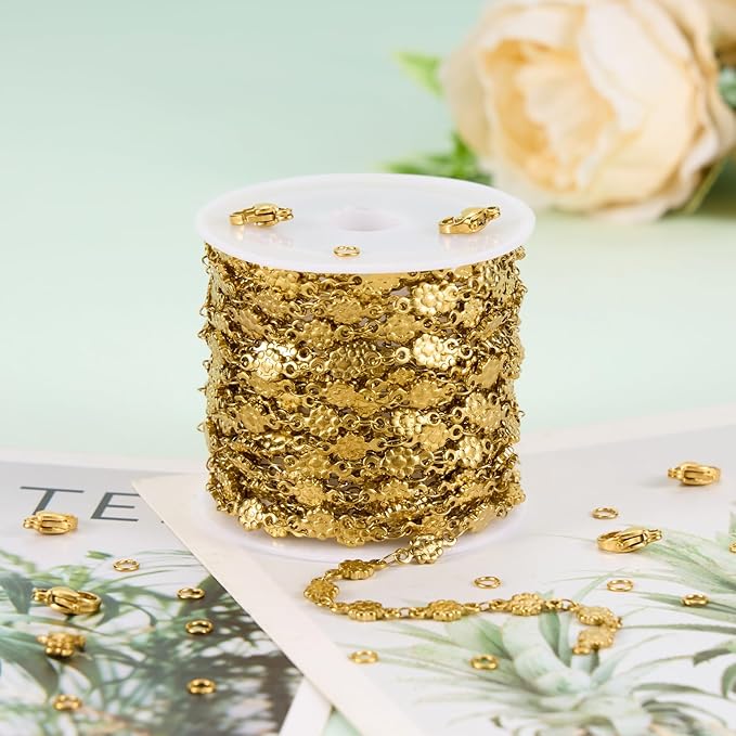UMAOKANG 13 Feet Gold Plated Chains for Jewelry Making Stainless Steel Flower Link Chain Bulk on Spool