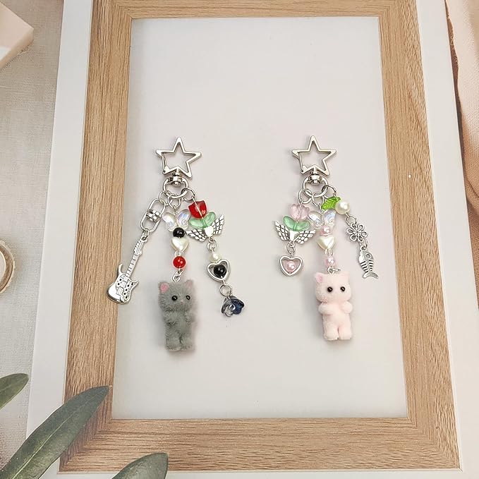 Cute Pink Keychain,Fuzzy Cat Keychain Aesthetic Y2K KeychainStylish KeychainsAccessories
