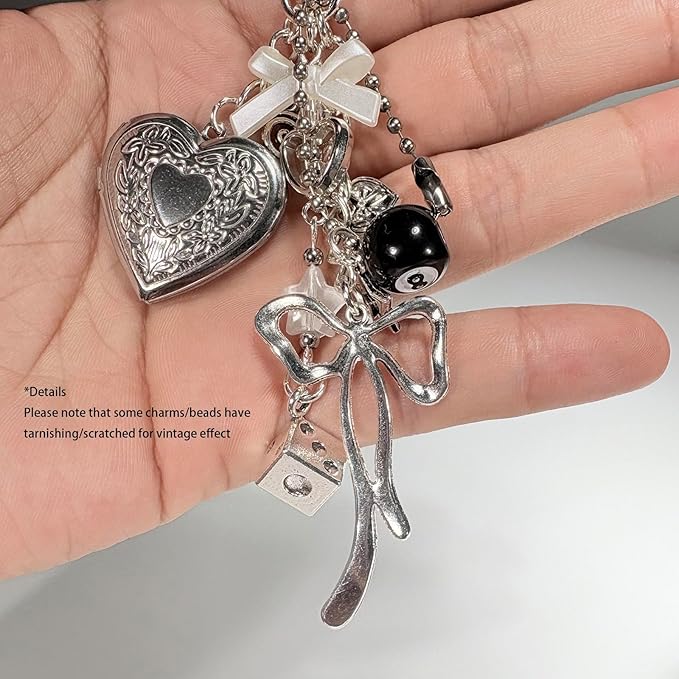 Cute Heart Locket Keychain,Y2k Bag Charms,Kawaii Photo Key Chain,Bow 8 Ball Star Dice Aesthetic Accessories for Women