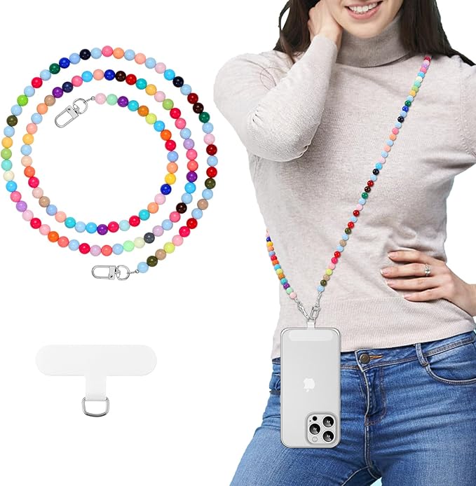 MoKo Universal Phone Lanyard, Pearl Beaded Cell Phone Chain Crossbody Strap Anti-Theft Detachable Women Cellphone Lanyards Around The Neck with Patches for iPhone, Most Smartphones - Mixed Color