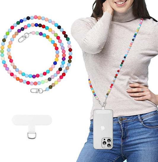 MoKo Universal Phone Lanyard, Pearl Beaded Cell Phone Chain Crossbody Strap Anti-Theft Detachable Women Cellphone Lanyards Around The Neck with Patches for iPhone, Most Smartphones - Mixed Color