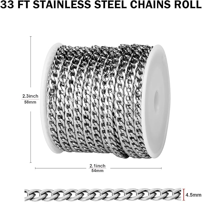 [33FT] Stainless Steel Curb Chains for Jewelry Making, 4.5mm Wide 304 Stainless Steel Cuban Link Chain Roll Bulk for DIY Jewelry Making Craft