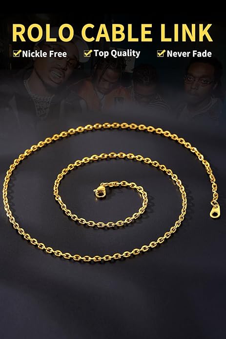 ChainsHouse Stainless Steel Cable Chain Necklaces for Men Women, 3mm/5mm/7mm/9mm/12mm 18K Gold/Black Plated Mens Cable Link Chains, 18"-30" Length - Send Gift Box