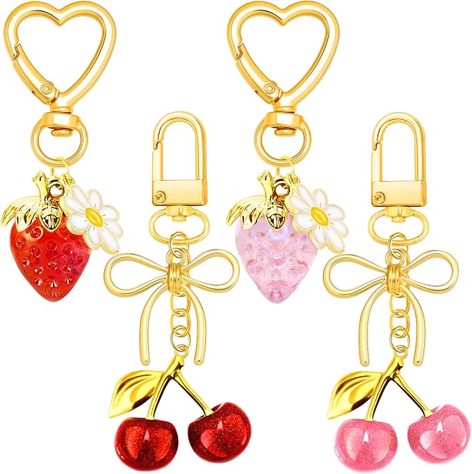 Bag Charms for Handbag Cherry Strawberry Bow Keychain Cute Purse Charms Accessories for Women Tote Bag Fruit Charm