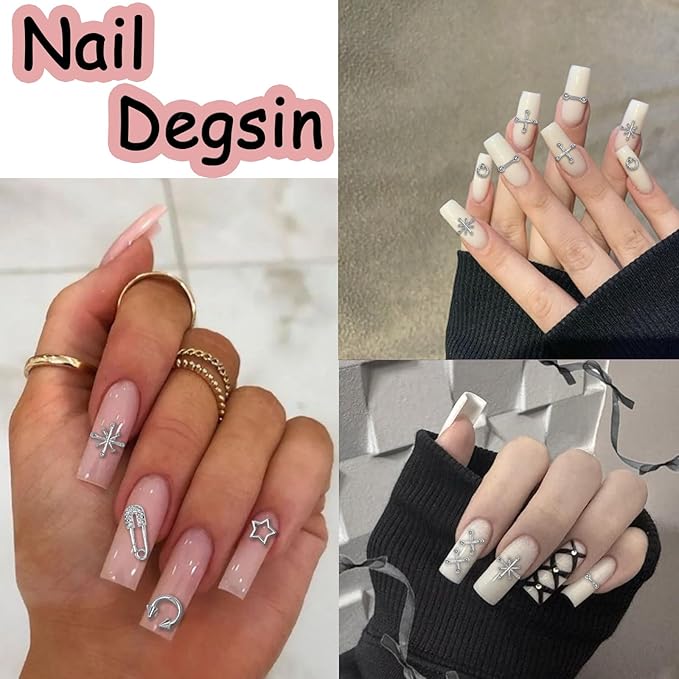 120 Pcs Mixed Nail Charms, CYHYII 1 Box Silver 3D Star Retro Nail Art Charm Y2K Metal Cross for Acrylic Nail Nail Art Design DIY Craft(12 Styles)