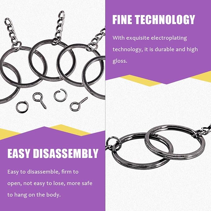 Swpeet 300Pcs 7/5 Inch 35mm Black Flat Key Chain Rings Kit, Including 100Pcs Split Keychain Rings with Chain and 100Pcs Jump Ring with 100Pcs Screw Eye Pins Bulk for Jewelry Findings Making