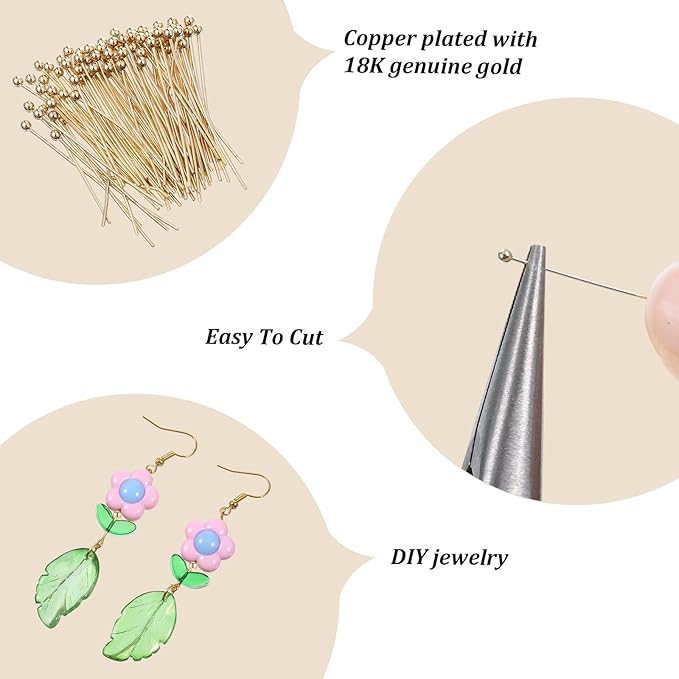 100 Pcs Gold Plated Ball Head Pins 25mm Brass Wire Needle 22 Gauge Stainless Steel End Headpins Jewelry Making Pins for DIY Charm Braceles Earrings Necklaces