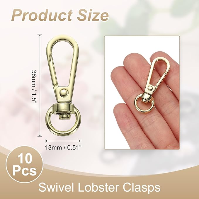 PATIKIL Swivel Lobster Claw Clasps 10pcs Push Gate Snap Hook Metal Trigger Clips Purse Hardware for Keychains Purse Handbag Makings DIY Crafts, Light Gold
