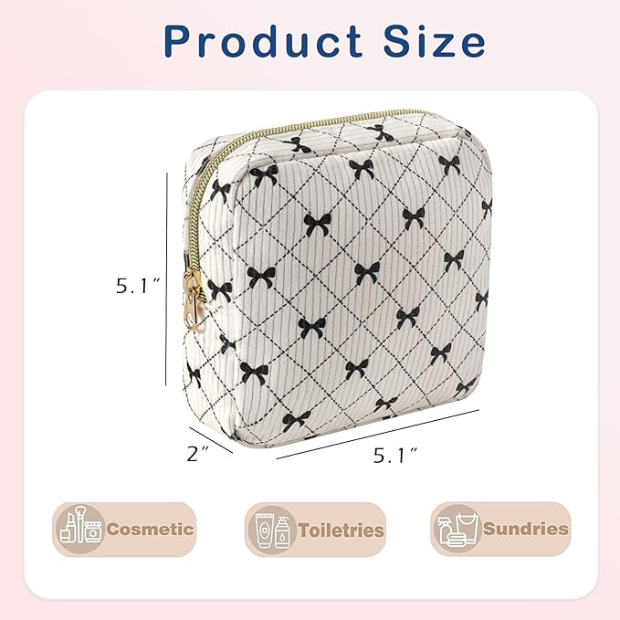 uekeboag Cute Small Corduroy Zipper Makeup Bag, Mini Coquette Aesthetic Pouch with Bear Pattern for for Purse,Key Pocket Lipstick Bag Card Holder Data Cable Organizer (15Beige bows)