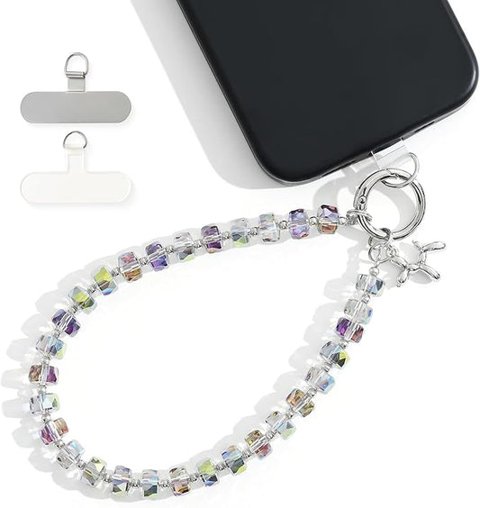 Crystal Phone Wrist Strap Phone Charm Chain Keychain Beaded Cellphone Lanyard with Tether Tab Hands-Free Wristlet Bracelet Wrist Grip Strap for Women, W-Green Purple