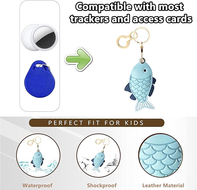 Leather Keychain Holder Case Compatible with AirTag,Cute Protective Cover with Keyring,Anti-Scratch Finder GPS Tracker Case for Wallet Keys,Bag,Pets(Fish Ching)