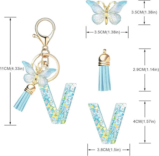 Fashion Alphabet Initial Letter Keychain Tassel Butterfly Pendant Key Ring for Purse Handbags Women Girl