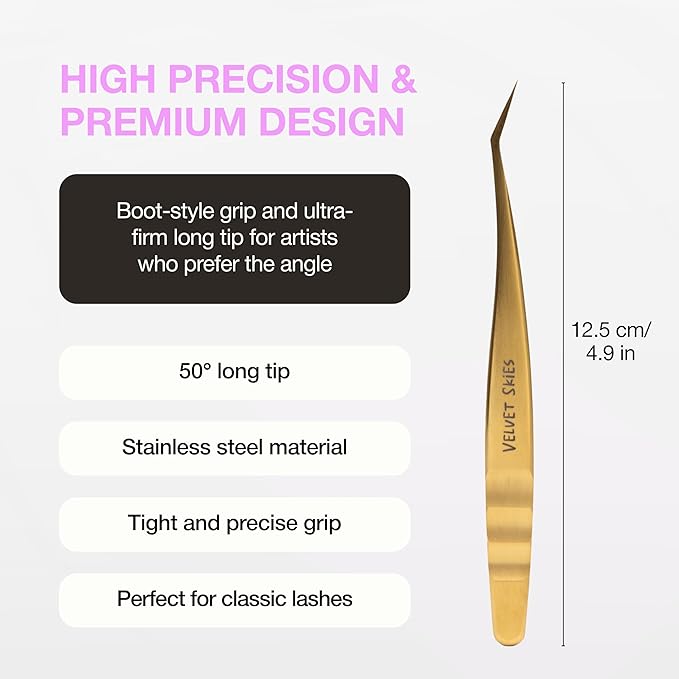 Curacoro Lash Tweezers - LashSmith 50° Long Tip Eyelash Tweezer for Isolation, Long Ultra-Firm Tip for Versatile Lashing Techniques