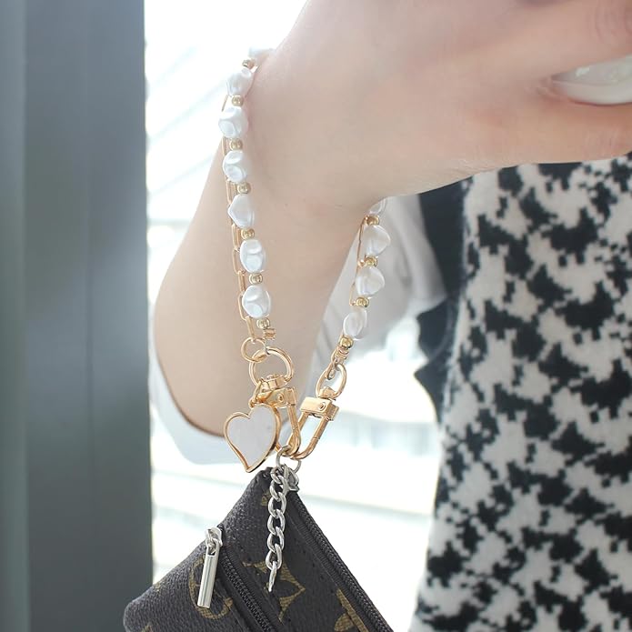Pearl Beaded Phone Charm Wrist Strap,Cute Bracelet Wristlet Lanyard,Gold Double Chain for Phone Case,Purse Bag Wallet