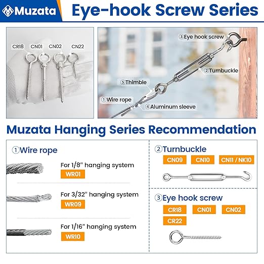 Muzata 20 Pack Eye Screws 3.3 Inch Stainless Steel Eye Hooks Screw for Wood Heavy Duty Self Tapping M6 Eyelet Hooks Securing Cables Wire Indoor Outdoor CR18