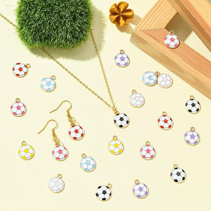 Stiesy 35 Pcs 7 Colors Enamel Football Charms Sport Ball Enamel Pendant Charms for Jewelry Making Crafting DIY Necklace Bracelets Decoration