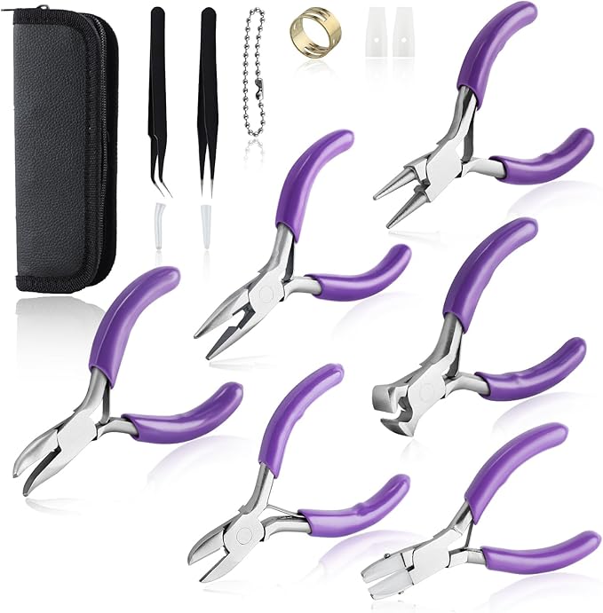 SPEEDWOX 6pc Mini Jewelry Pliers Set - Double Nose (Round, Long), Flat Jaw, End Cutting, Diagonal & Bent Nose Pliers, Jump Ring Opener