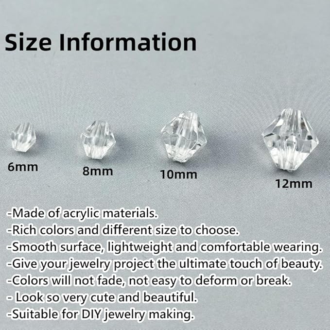 200pcs 10mm Acrylic Bicone Beads Faceted Acrylic Crystal Spacer Beads for Bracelet Necklace Earring Keychain Jewelry Making Crafts(Transparent White)
