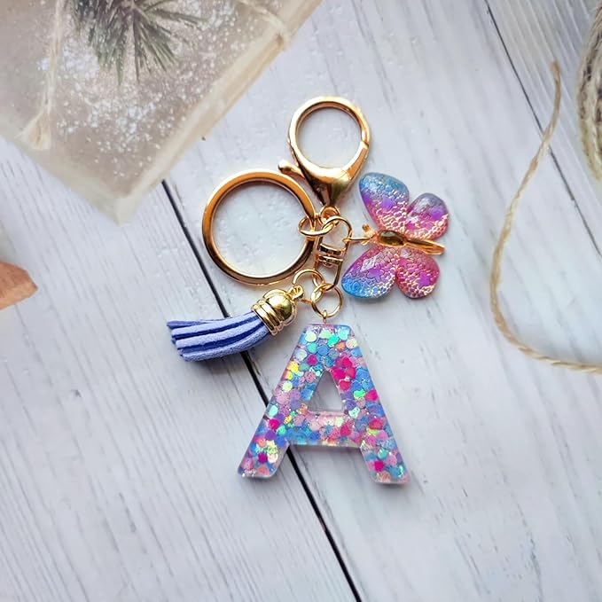 Cute Initial Letter Keychains for Women Girls Tassel Butterfly Pink Purple Green Keychain for Backpack School Bag