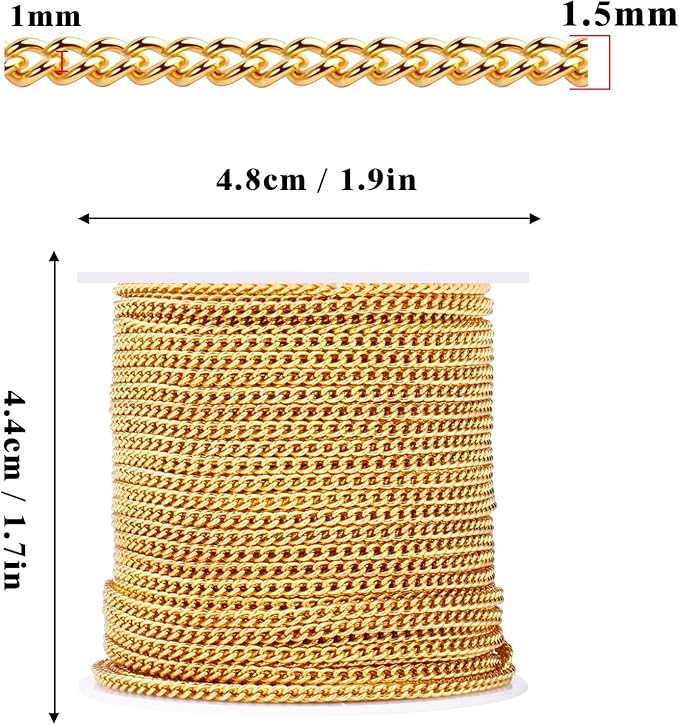 66 Feet 18K Gold Plated Curb Chains Roll, 1.5 mm 304 Stainless Steel Gold Flat Twisted Links Chains Bulk Spool for Jewelry Making DIY Craft