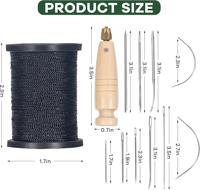 3-Spool Nylon Thread for Sewing, Each 80 Yards Thick Thread Kit Include Sewing Awls & 7 Needles for Hand Sewing, Upholstery Thread & Needle for Repairing Leather, Shoes, Furniture, Black