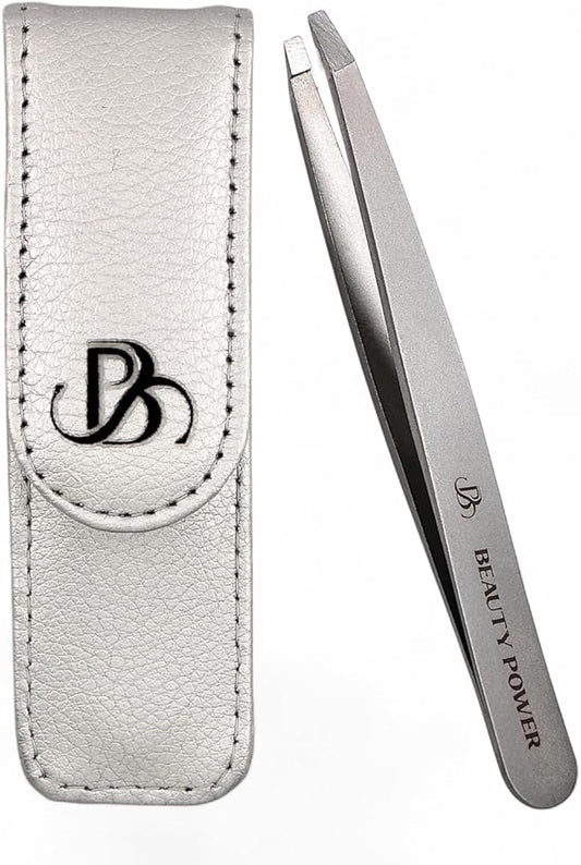 Beauty Power Professional Tweezers in Case - Slant, Durable Lightweight German Stainless Steel, Ultra Precision Tweezers for Eyebrows, Facial Hair, Chin, and Ingrown Hair Removal - Gift (Matte Gray)
