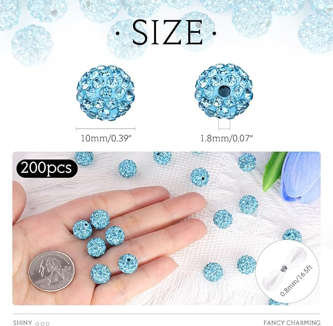 200 Pcs Aquamarine Rhinestone Beads for Jewelry Making, Sparkle Crystal Clay Christmas for Bracelet Baseball Necklace Earring Crafting and DIY, Shiny Round Shamballa Disco Ball Beads Bulk