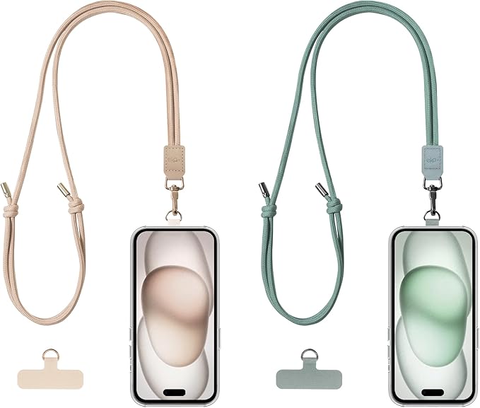 2 Pack Crossbody & Neck Phone Strap, Customizable Neck Strap with 0.5mm Removable Phone Tab, Hands-Free Holder for Phones, Earphones, Badges & Keys (Sand Beige+Morning Green)