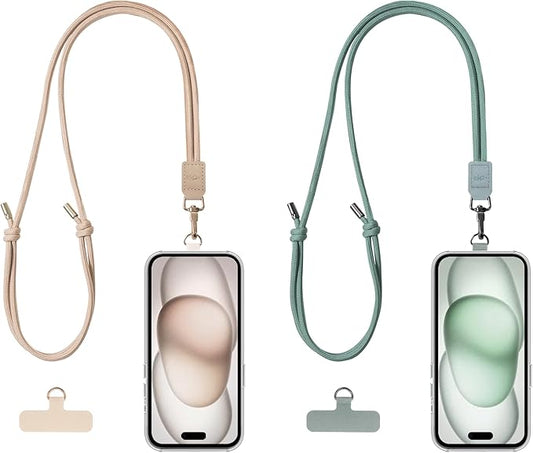 2 Pack Crossbody & Neck Phone Strap, Customizable Neck Strap with 0.5mm Removable Phone Tab, Hands-Free Holder for Phones, Earphones, Badges & Keys (Sand Beige+Morning Green)