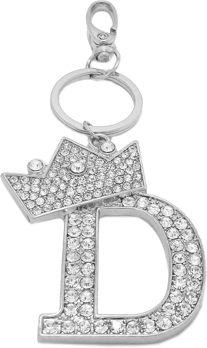 CBC Crown Crystal Rhinestone Letter Initial Keychain, Gold Metal, Bag Charm with Key Ring Approx. 2.17" x 2.56"