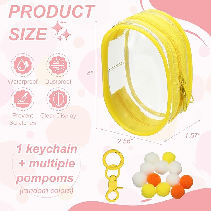 uxcell 4 Inch Clear Figure Display Bag, Mini Clear Pouch Waterproof Coin Pouch with Keychain and Pom Poms for Blind Box Doll Display (Round, Yellow)