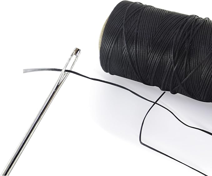 Marcobrothers 10 inch 2 pcs Professional Upholstery Large Eye Long Needle,Easy to Thread,with 1 roll 284 Yard 150D 1mm-Width Leather Sewing Waxed Thread, Silver Black(MJ01-FBA-A0215201-MAXX1MR)